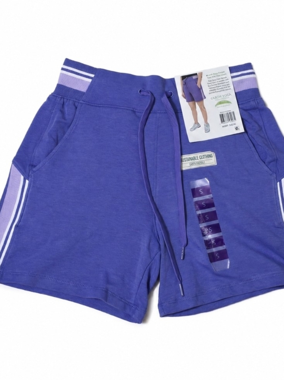 Earth Yoga Violet Drawstring Athletic Shorts with Stripe Accent
